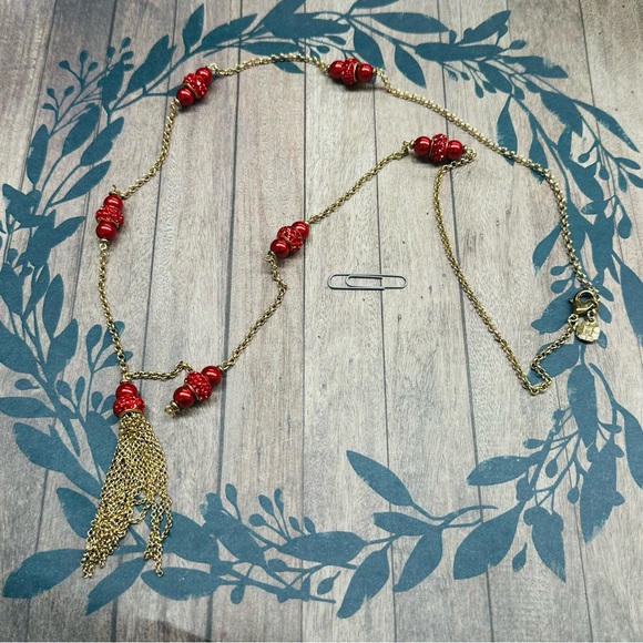 Monet Jewelry - Monet Gold Red Bead‎ Station Tassel Necklace B4